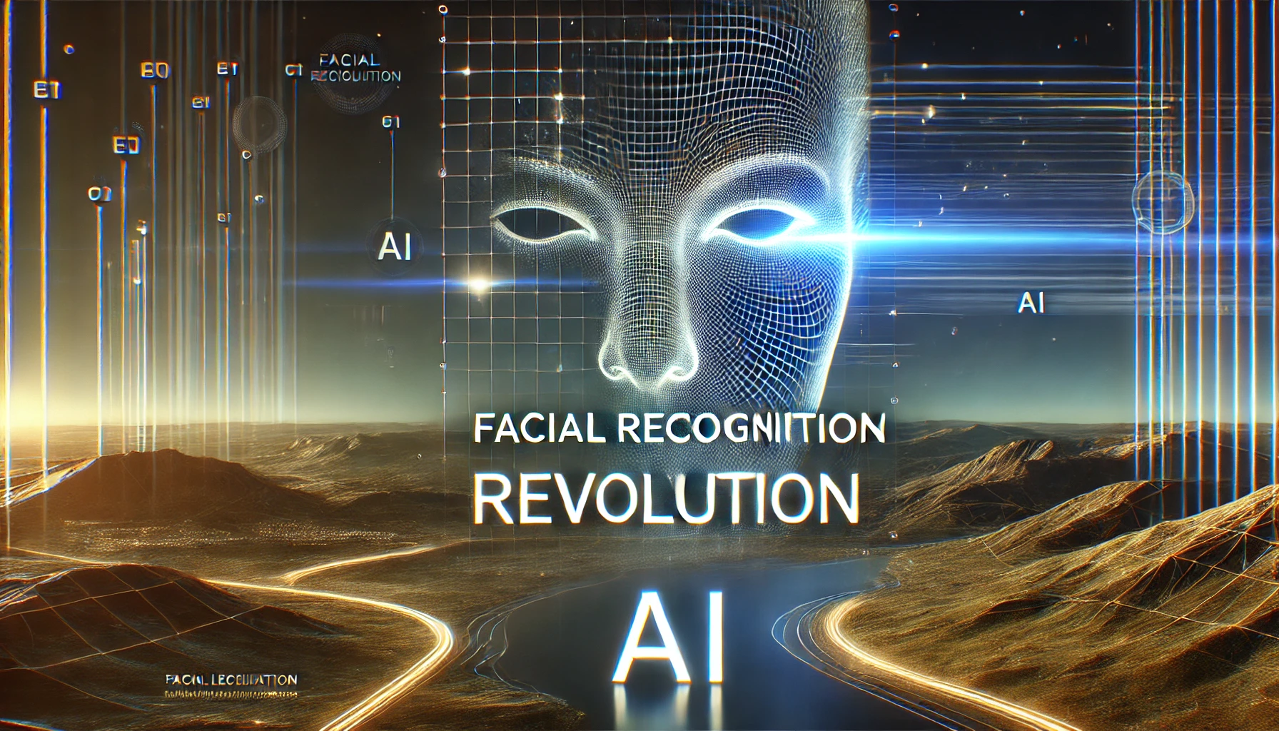 DALL·E 2024 10 07 21.24.38 A highly realistic and visually striking landscape thumbnail with only the words Facial Recognition Revolution in bold modern typography. The backg