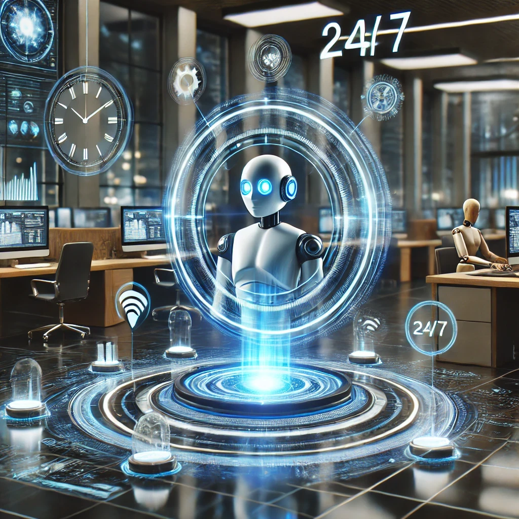 DALL·E 2024 11 27 16.19.38 A photorealistic ultrahigh definition image of a glowing AI interface operating 24 7 in a professional business setting. The scene includes futuristi