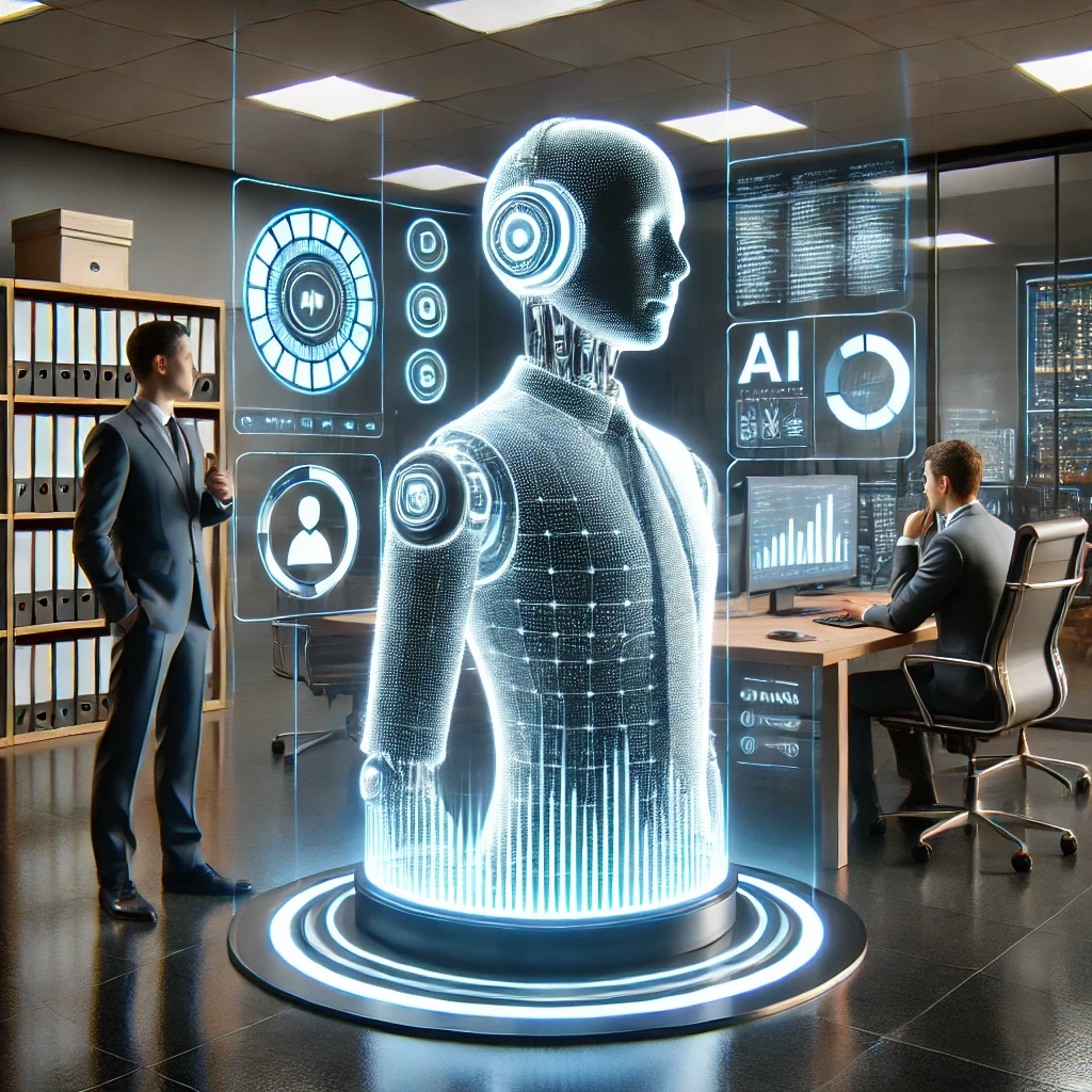 DALL·E 2024 11 27 16.21.28 A photorealistic ultrahigh definition image of a professional AI system being customized for business needs. The scene features a sleek office setup