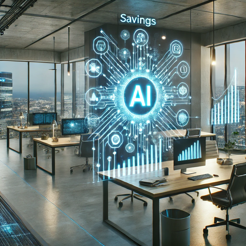 DALL·E 2024 11 27 16.21.42 A photorealistic ultrahigh definition image of a modern office environment with glowing AI financial data and cost efficiency icons. The image highli